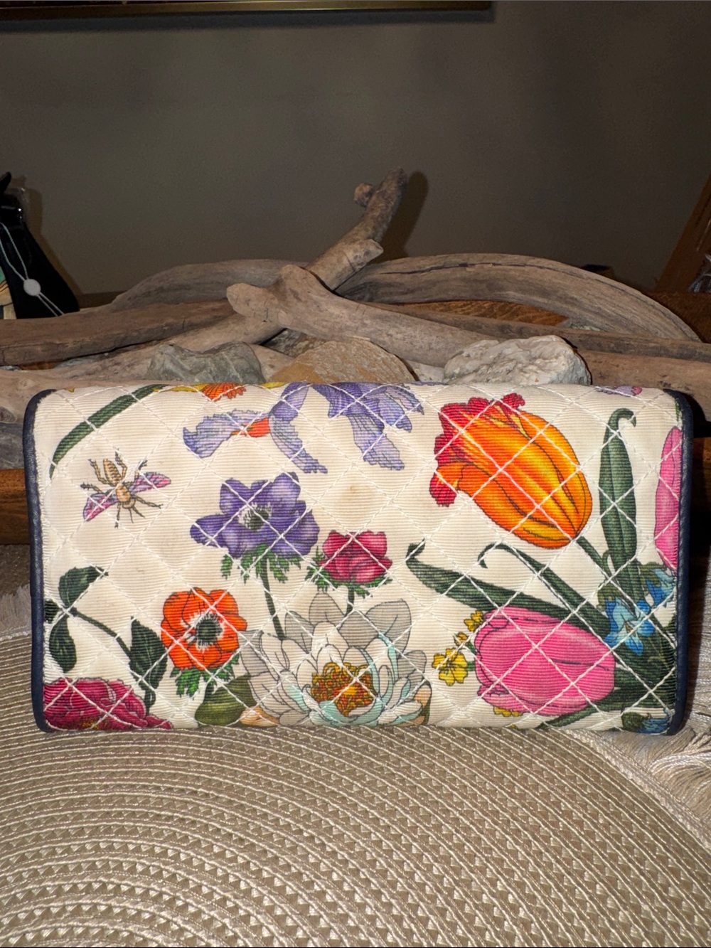 Gucci Floral Quilted Clutch with Navy Trim and Gold Hardware - Picture 2 of 8